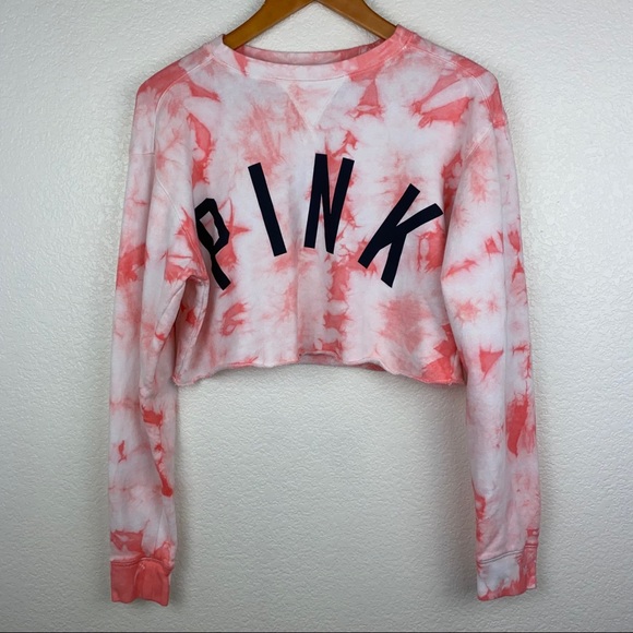 VS PINK Coral Tie Dye Pullover Crop Sweatshirt Top - Picture 3 of 7